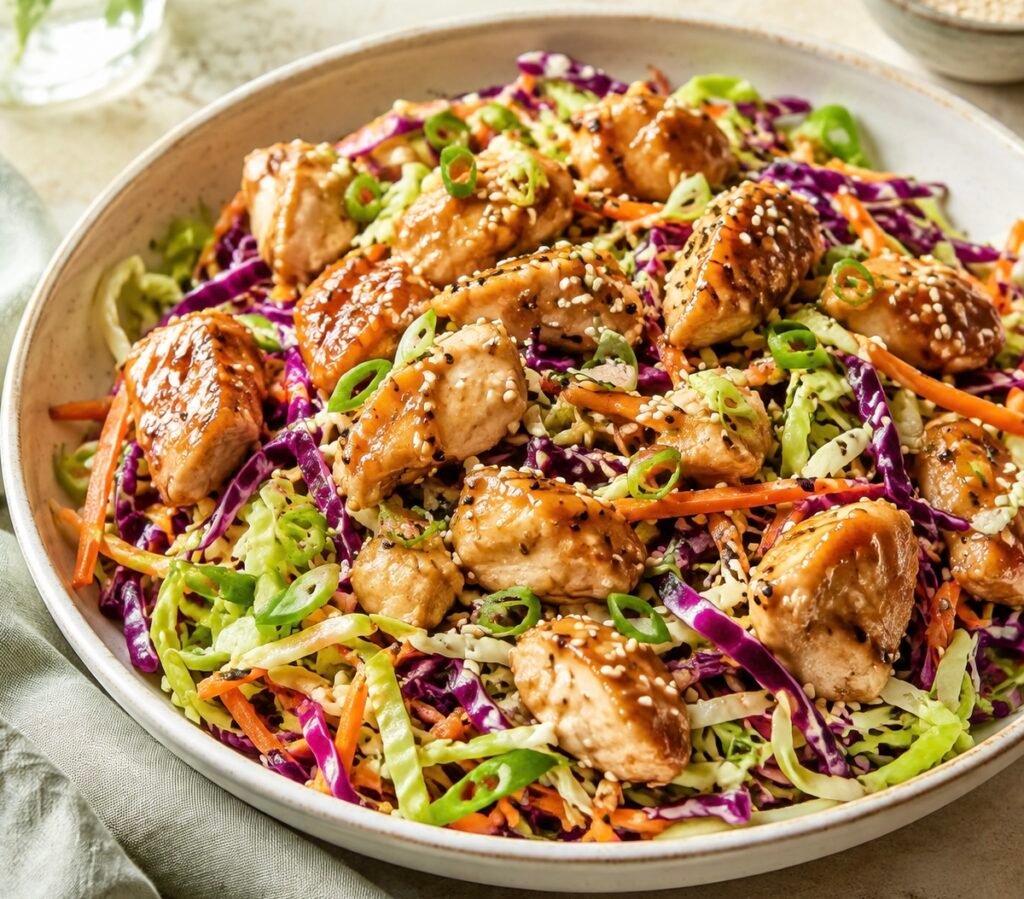 Sesame chicken cabbage salad with glazed chicken, shredded green and purple cabbage, carrots, scallions and sesame seeds in a ceramic bowl.
