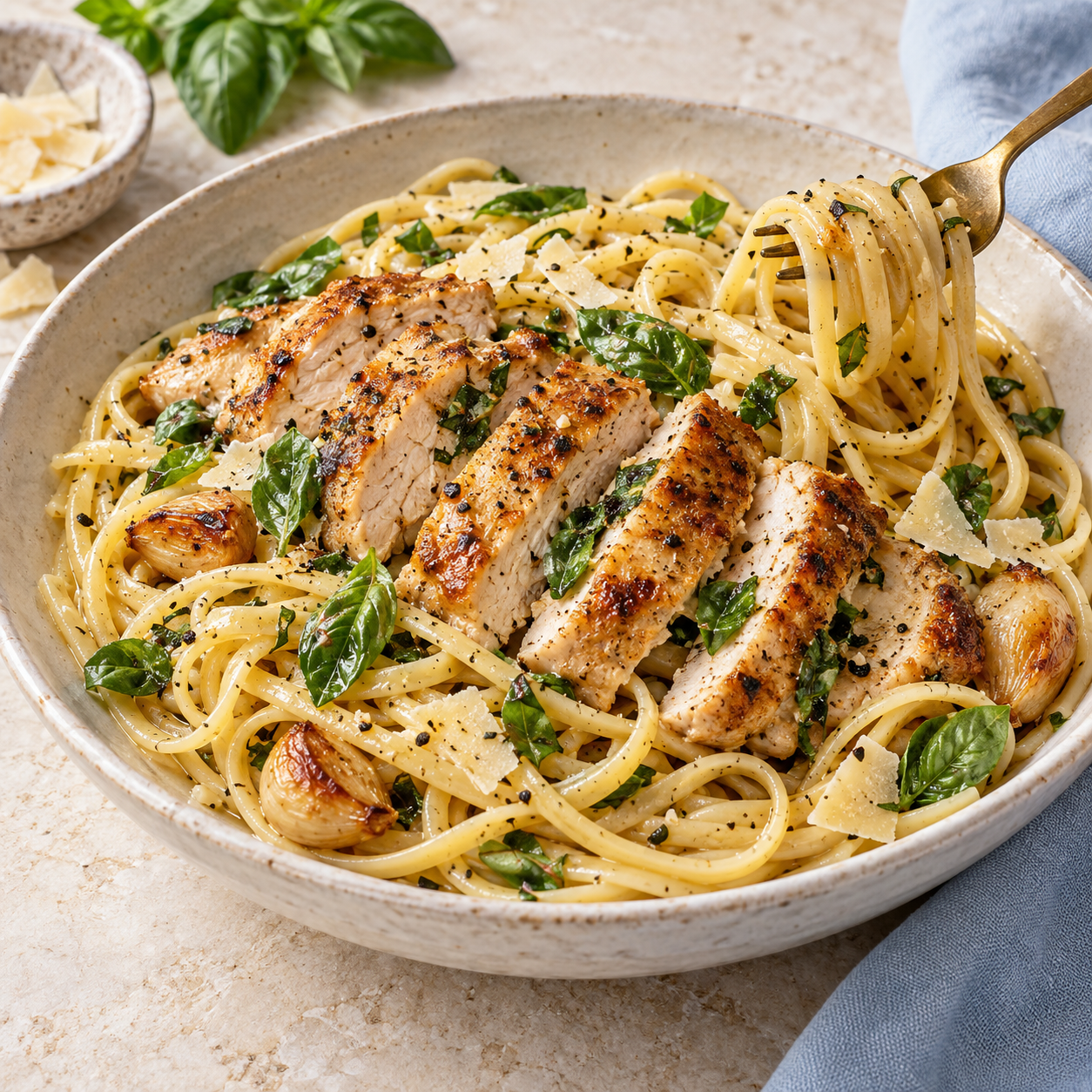 Garlic butter linguine topped with sliced golden chicken, roasted garlic cloves, Parmesan and fresh basil in a shallow ivory pasta bowl.