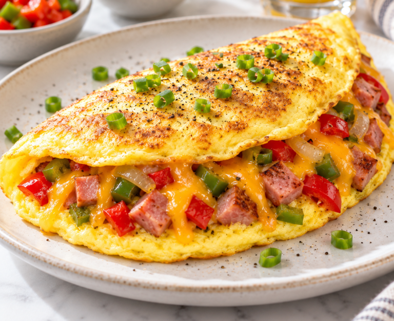 Western omelet filled with diced ham, red and green peppers, onions and melted cheddar cheese.