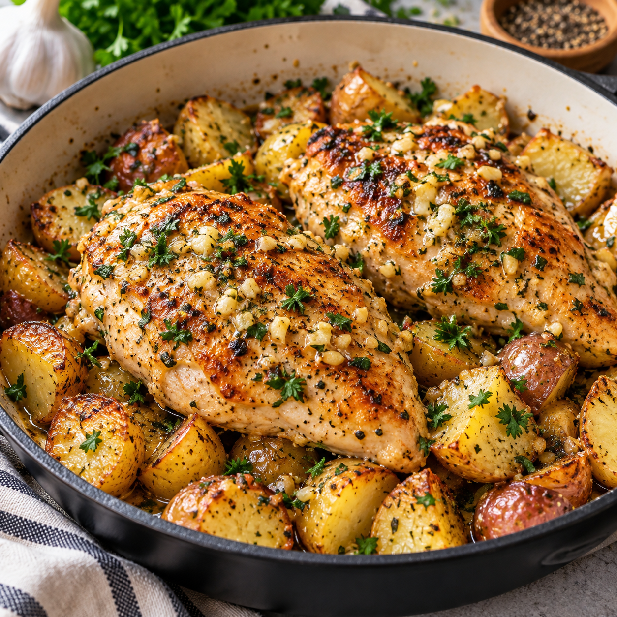 Garlic butter chicken breasts with golden roasted potatoes, garlic, herbs, and pan juices in a skillet for an easy dinner for two.