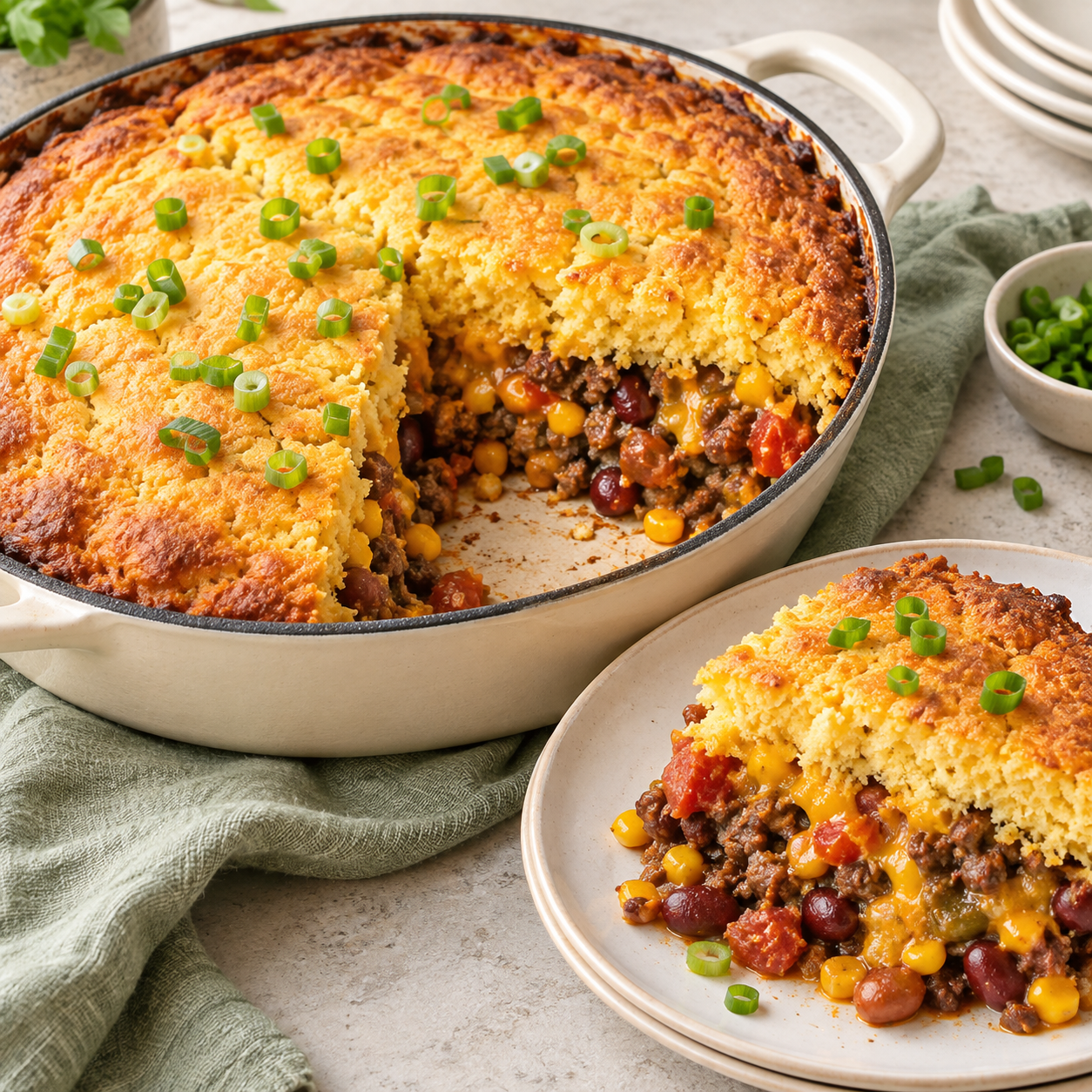 Cowboy cornbread casserole with seasoned ground beef, beans, corn, cheese and a golden cornbread topping served from a cream-colored skillet.