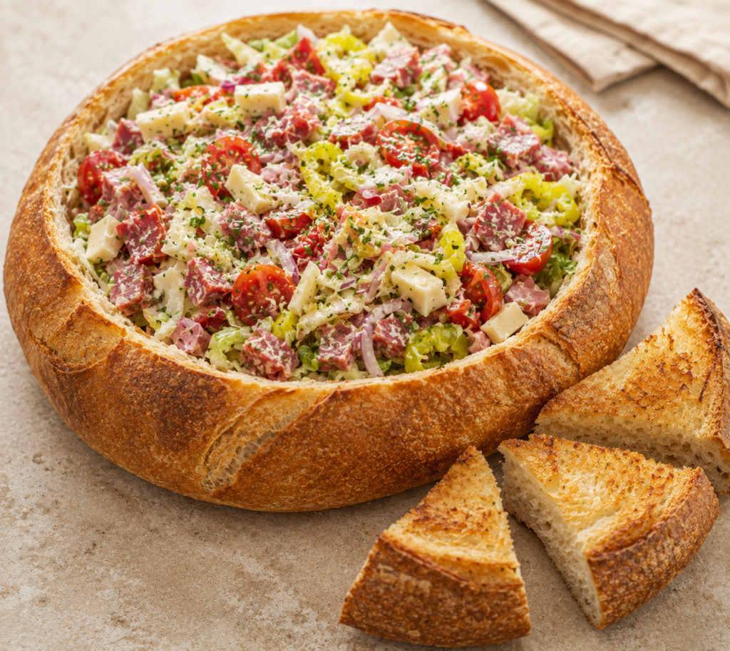 Italian grinder salad with chopped salami, pepperoni, ham, provolone, crisp lettuce, red onion, pepperoncini, and creamy grinder dressing.