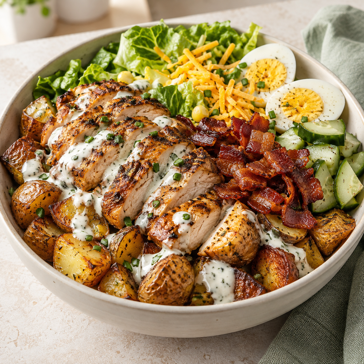 Chicken bacon ranch protein bowl with juicy grilled chicken, crispy roasted potatoes, bacon, eggs, cheddar, lettuce, cucumber, corn and creamy ranch.