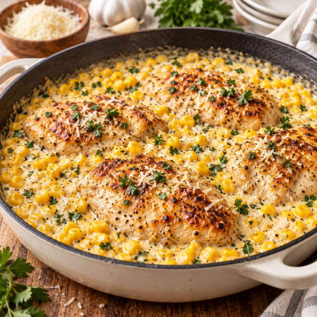 One-Pan Creamy Parmesan Chicken and Corn One-pan creamy Parmesan chicken and corn in a skillet with golden chicken, sweet corn, parsley, and grated Parmesan.