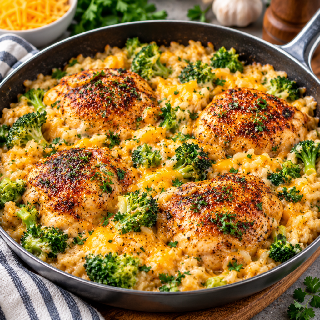 One-Pan Chicken Broccoli and Rice with Cheddar Cheese One-pan chicken broccoli and rice with cheddar cheese in a skillet with golden chicken and broccoli.