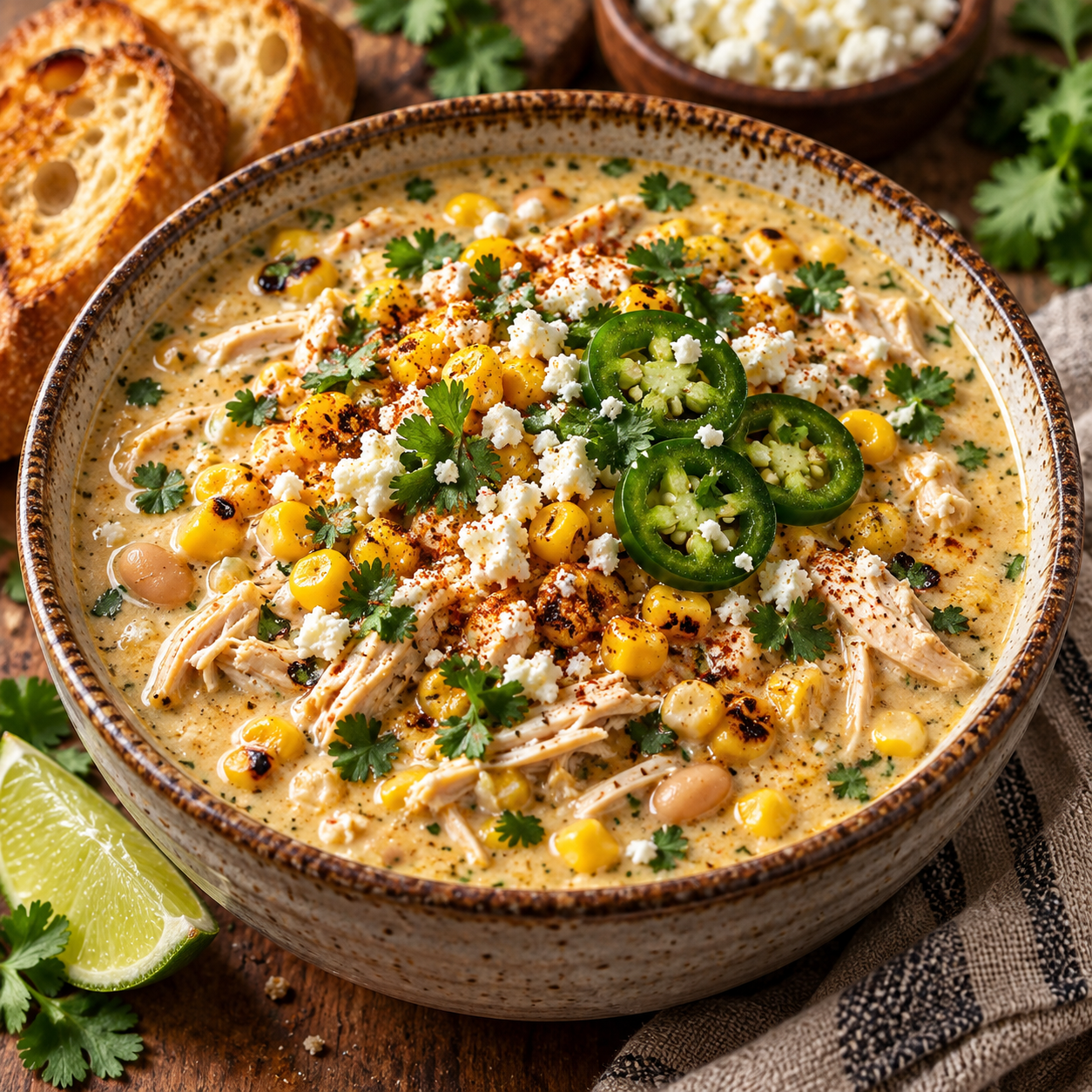 Mexican Street Corn White Chicken Chili topped with shredded chicken, roasted corn, jalapeño slices, cotija cheese, cilantro, and lime.