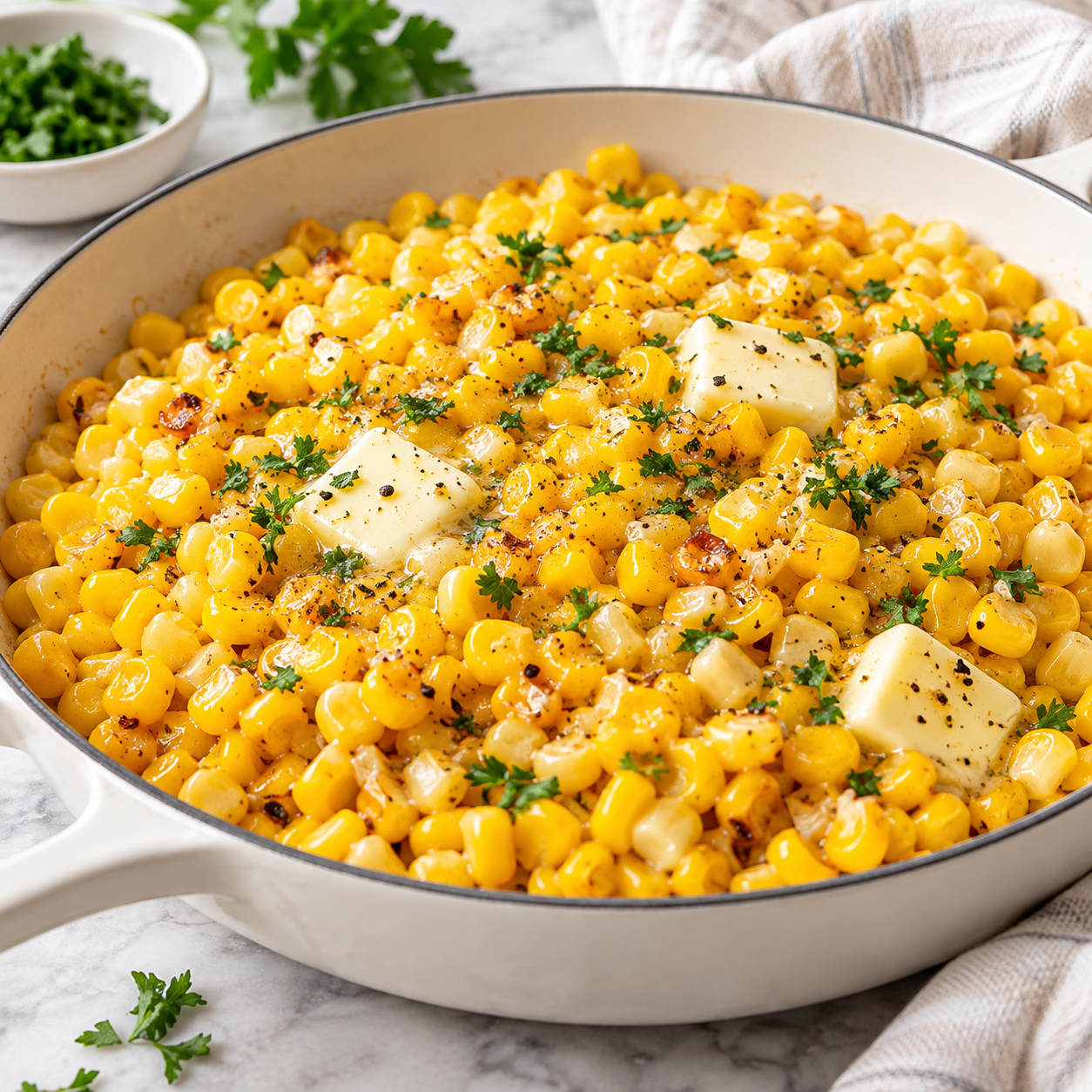 Buttery skillet corn with golden kernels, melted butter, garlic, parsley, and black pepper in a cream-colored skillet.