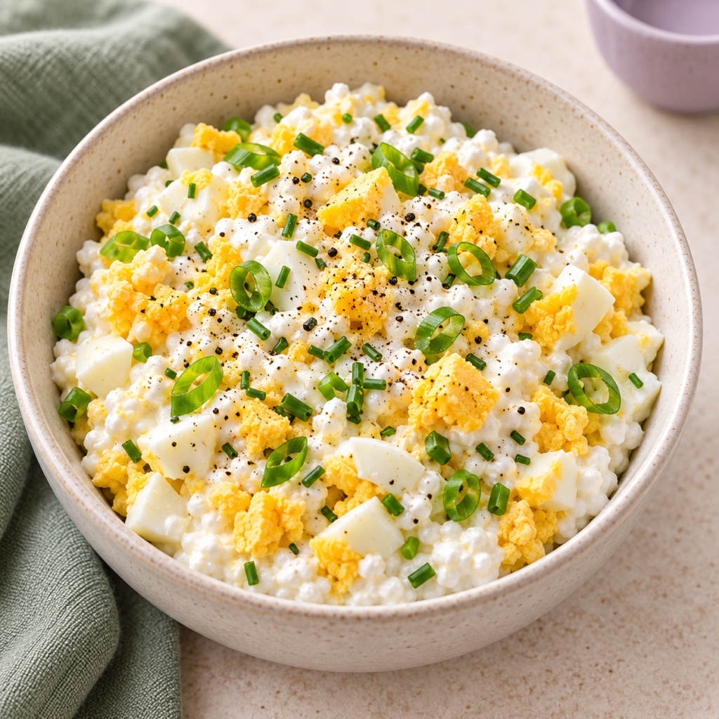 Cottage cheese egg breakfast bowl topped with chopped hard-boiled eggs, green onions, chives and cracked black pepper.
