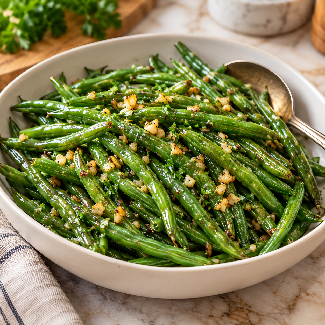 Garlic green beans tossed with butter, fresh garlic, herbs, and black pepper in a serving bowl.