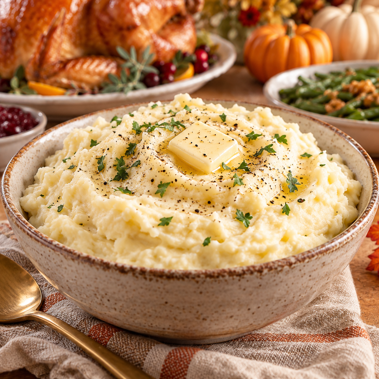 Creamy Garlic Mashed Potatoes Creamy garlic mashed potatoes topped with melted butter, black pepper, and fresh parsley on a Thanksgiving table.