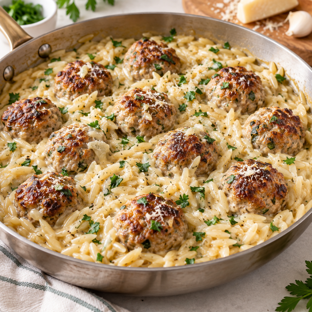 Creamy garlic Parmesan meatballs and orzo cooked together in one skillet with parsley and grated Parmesan.