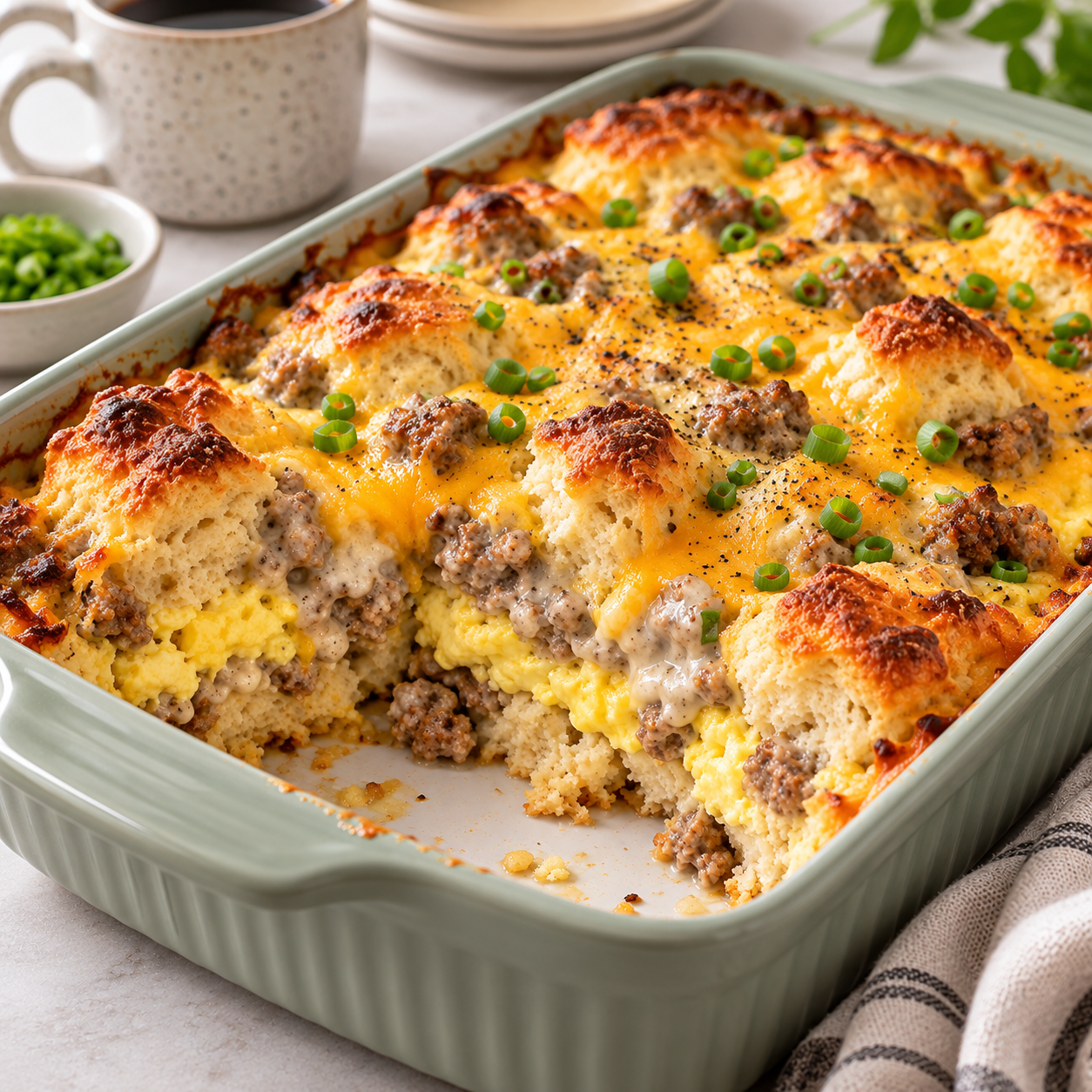 Biscuits and gravy breakfast casserole with sausage, eggs, cheddar cheese, and creamy country gravy baked in a white casserole dish.