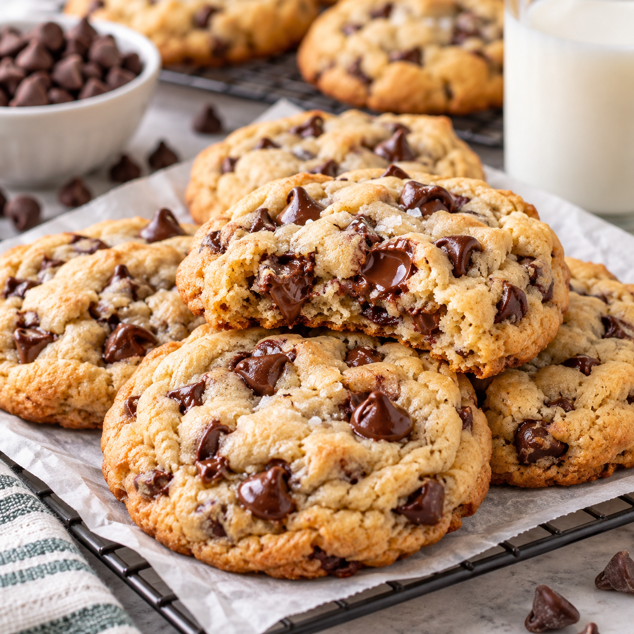 Cream Cheese Chocolate Chip Soft and chewy cream cheese chocolate chip cookies stacked on parchment with melty chocolate chips and one cookie broken open.