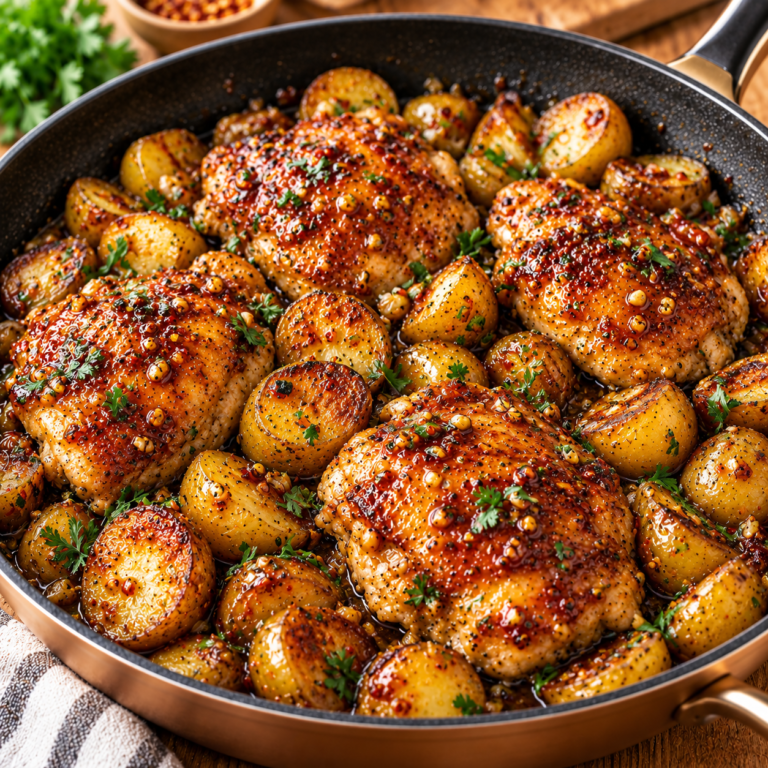 One-pan hot honey chicken and potatoes in a skillet with a glossy sweet and spicy glaze.