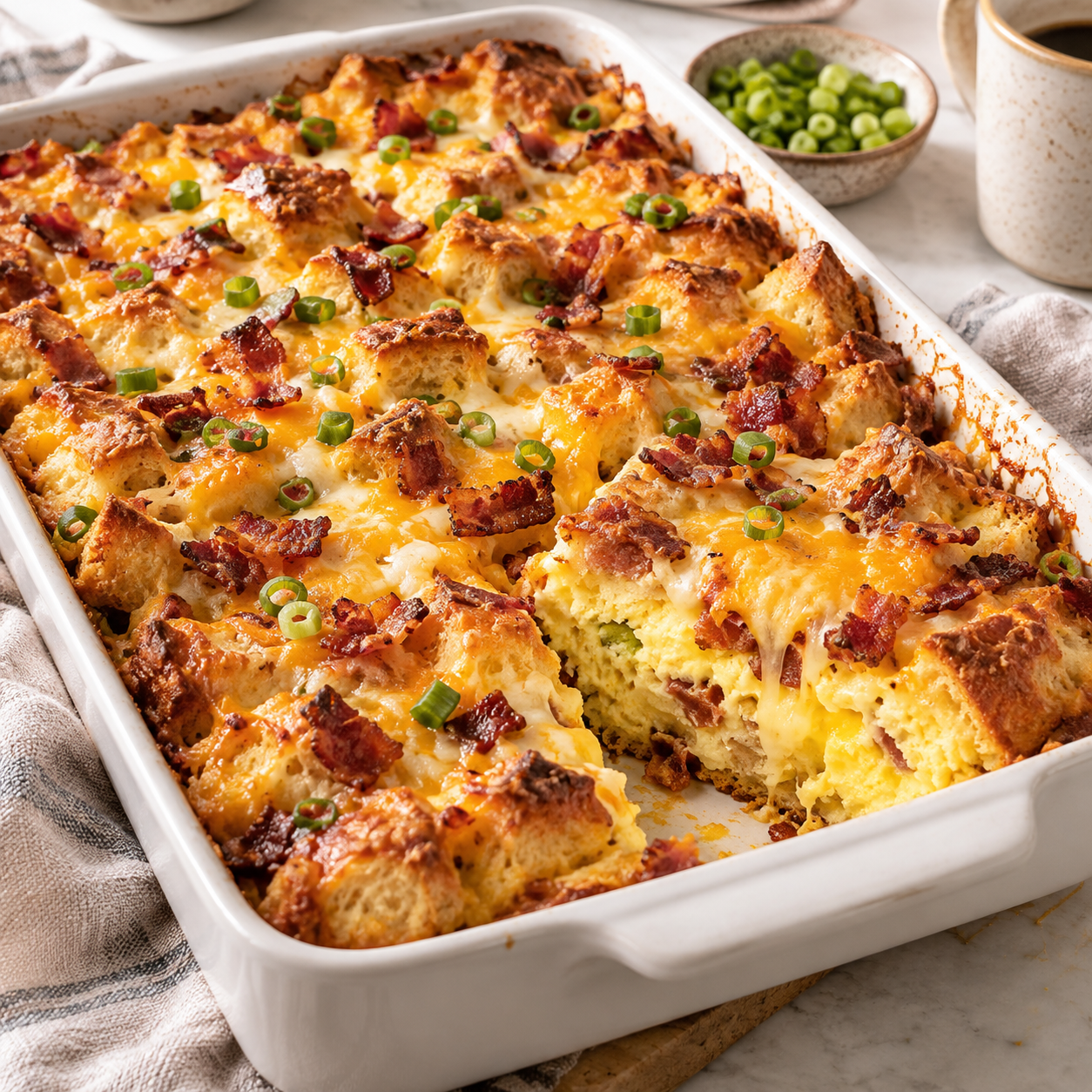 Bacon egg and cheese breakfast casserole with golden baked eggs, crispy bacon, melted cheese, and bread in a white baking dish.