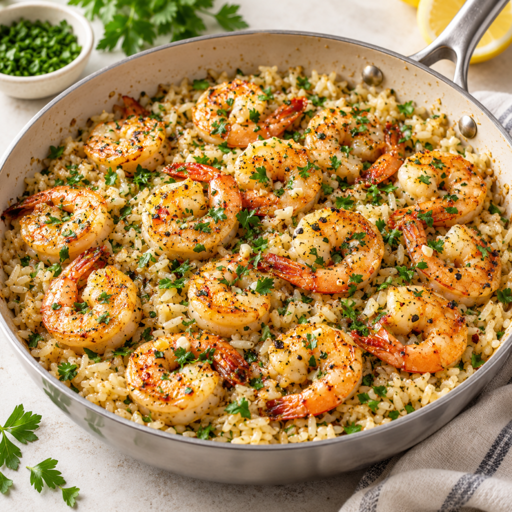 One-pan garlic butter shrimp and rice cooked in a skillet with parsley and lemon.