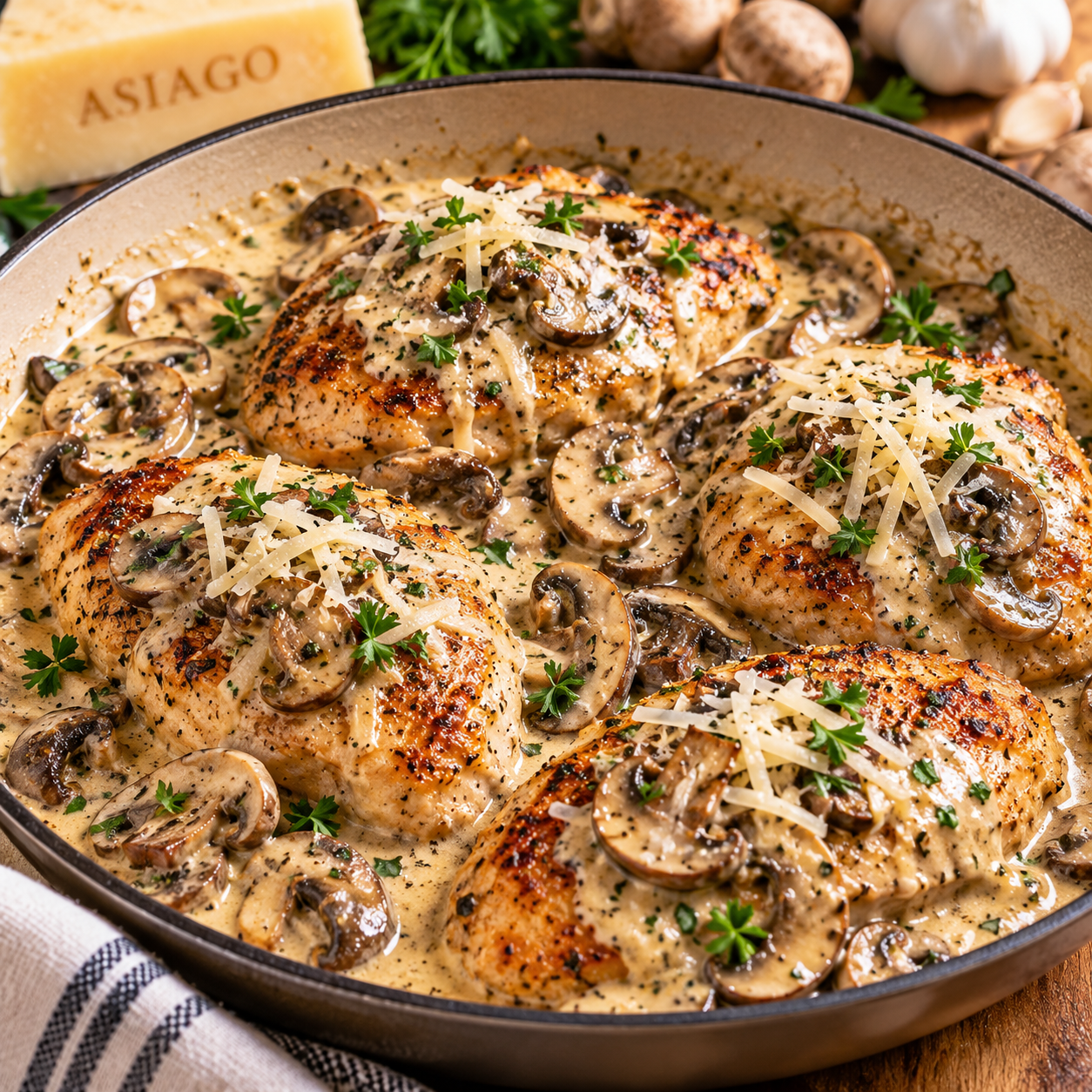 Creamy Asiago mushroom chicken with golden seared chicken breasts, sliced mushrooms, rich cream sauce, shredded Asiago cheese, and fresh parsley.