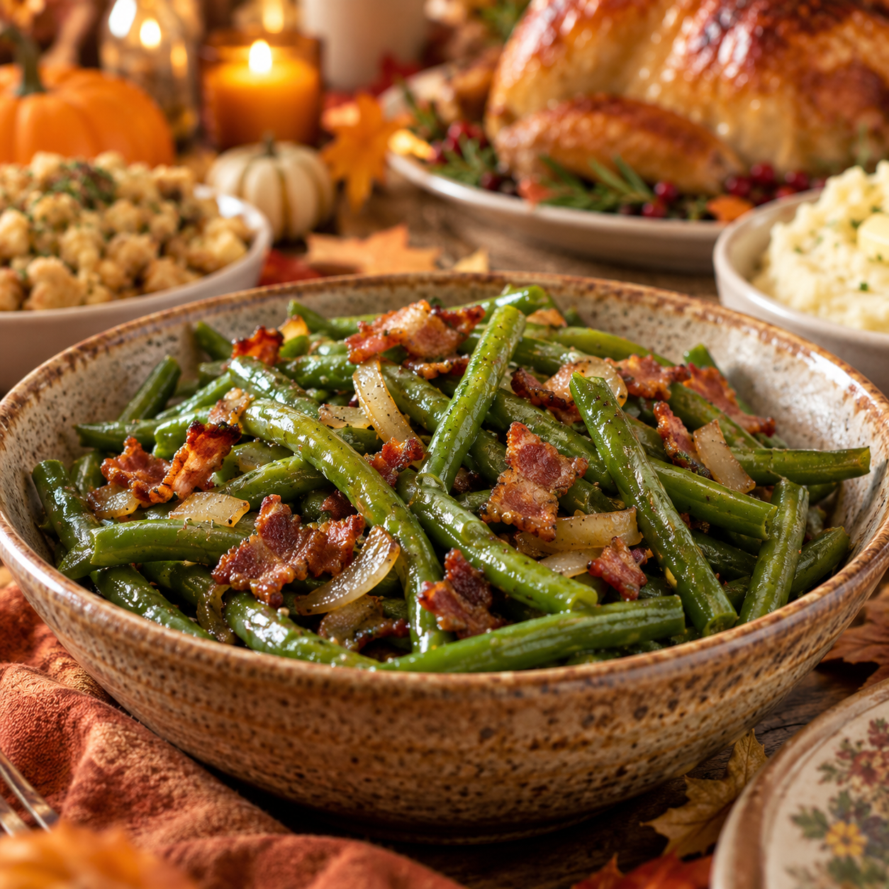 Southern-style green beans with crispy bacon and onions served in a rustic bowl on a Thanksgiving table.