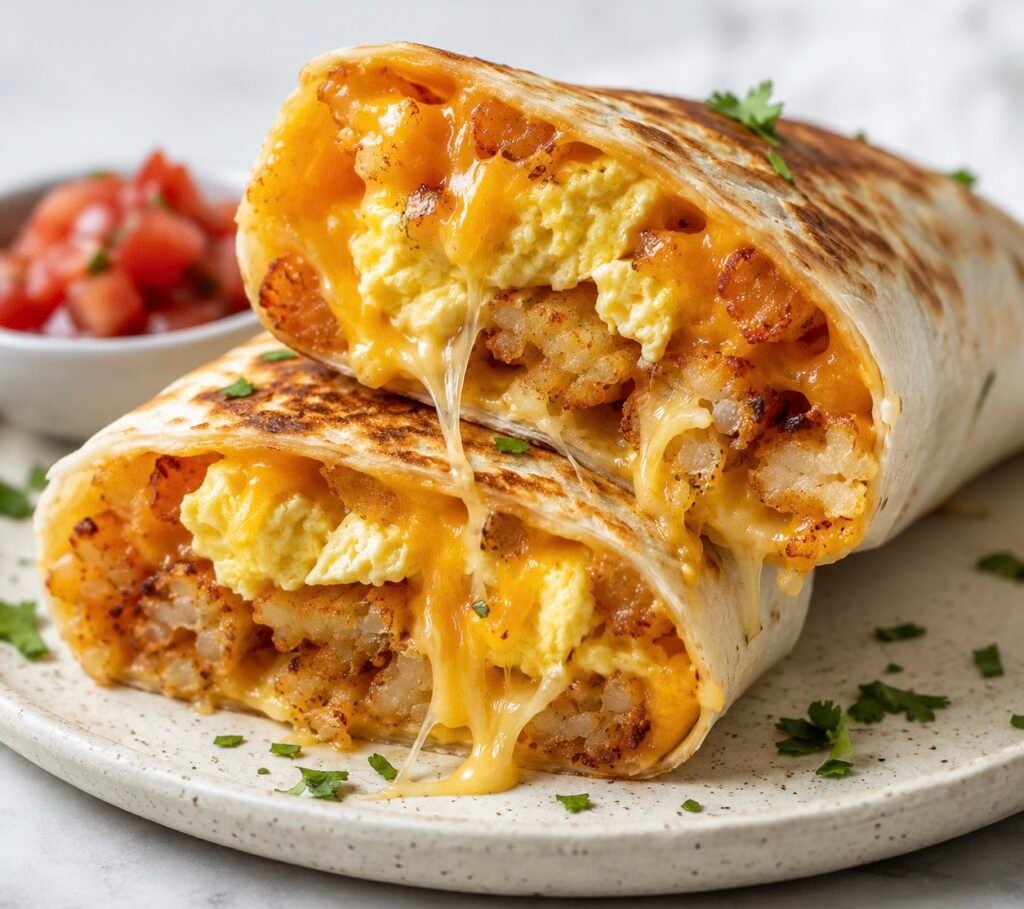 Crispy hash brown breakfast burrito filled with fluffy scrambled eggs, golden hash browns, and melted cheese.