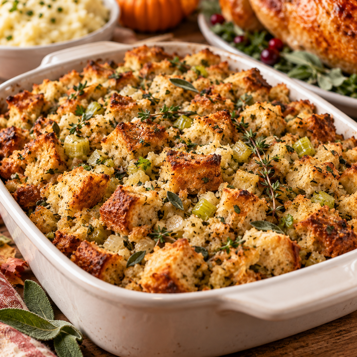 Golden baked Thanksgiving stuffing with bread cubes, celery, onion, sage, and thyme in a white casserole dish.