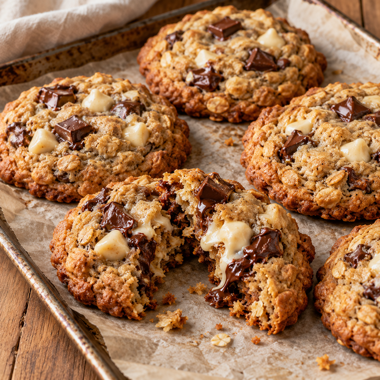 Brown butter oat cookies with semisweet and white chocolate on a parchment-lined baking sheet, with one cookie broken open.