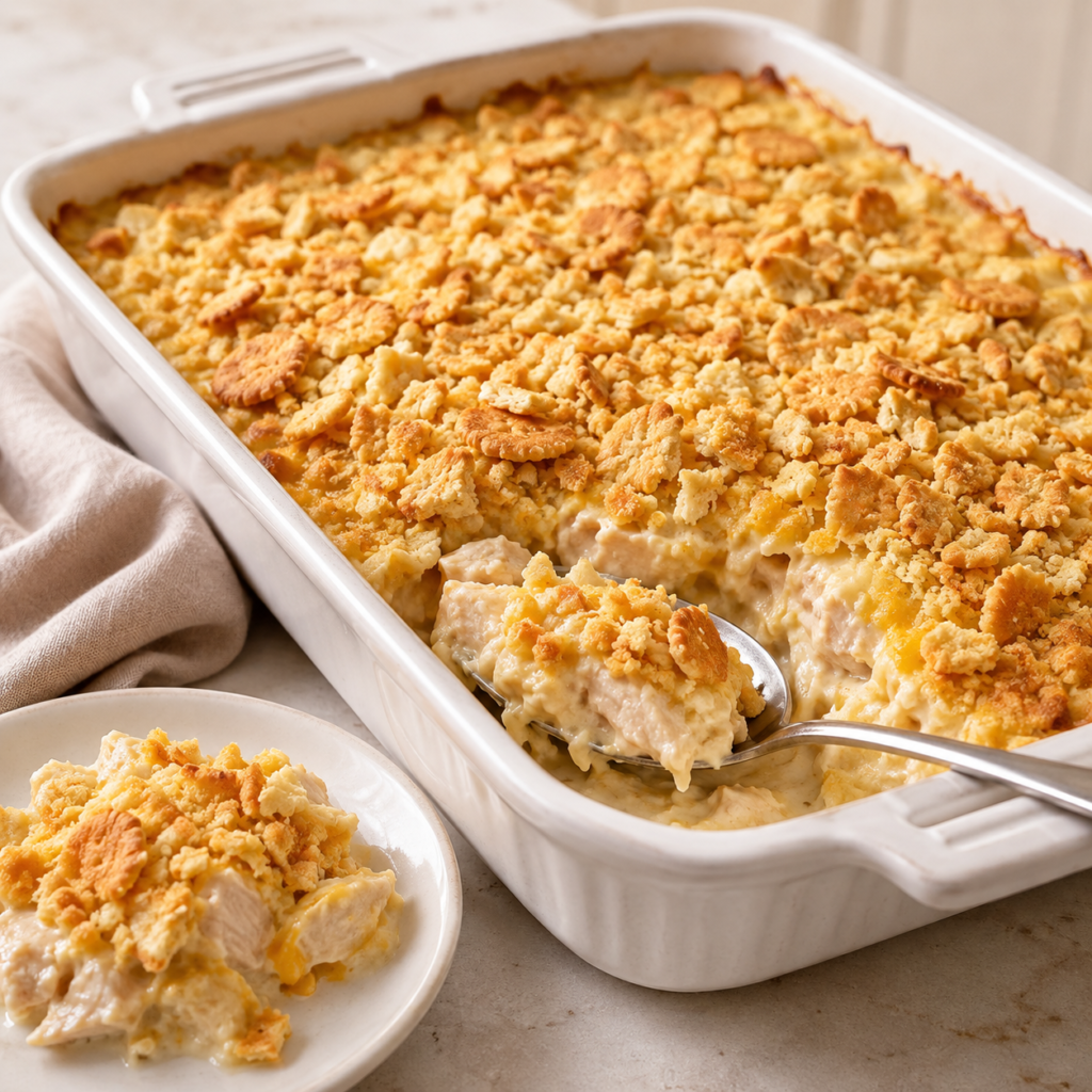 Creamy Ritz cracker chicken casserole in a white baking dish with a golden buttery cracker topping and one serving lifted on a spoon.