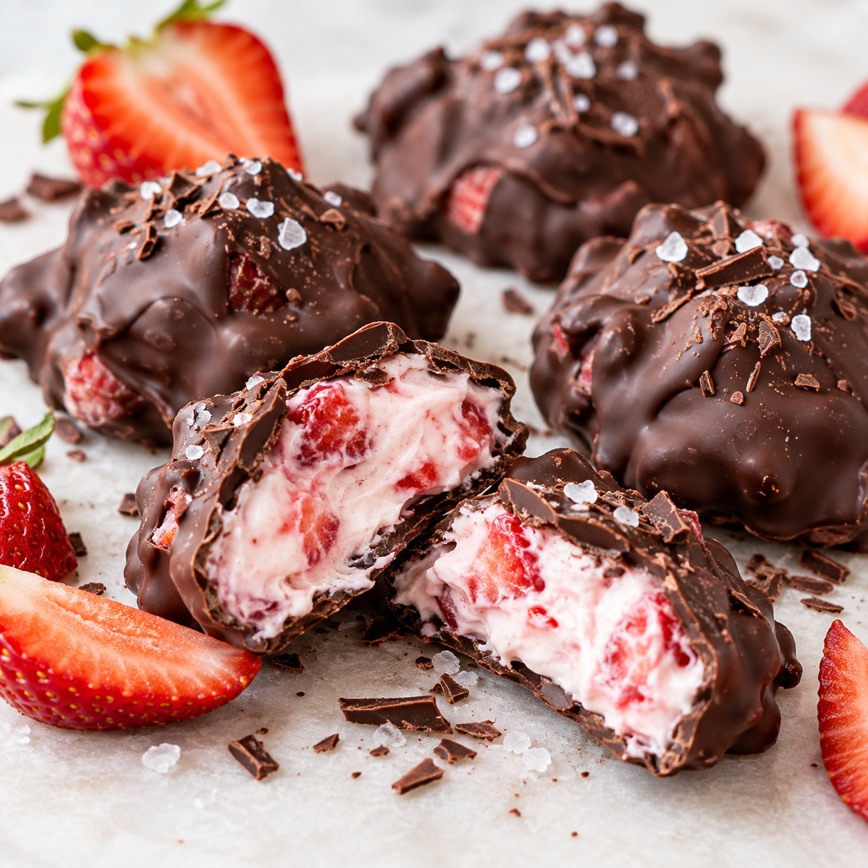 Chocolate strawberry yogurt clusters with creamy strawberry yogurt filling, fresh strawberries, and a chocolate coating.