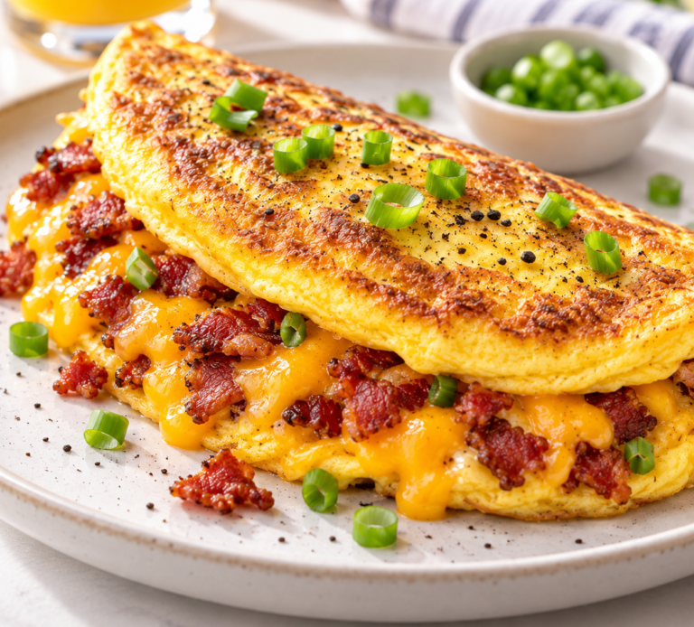 Loaded bacon and cheese omelet filled with crispy bacon and melted cheddar cheese and topped with sliced green onions.