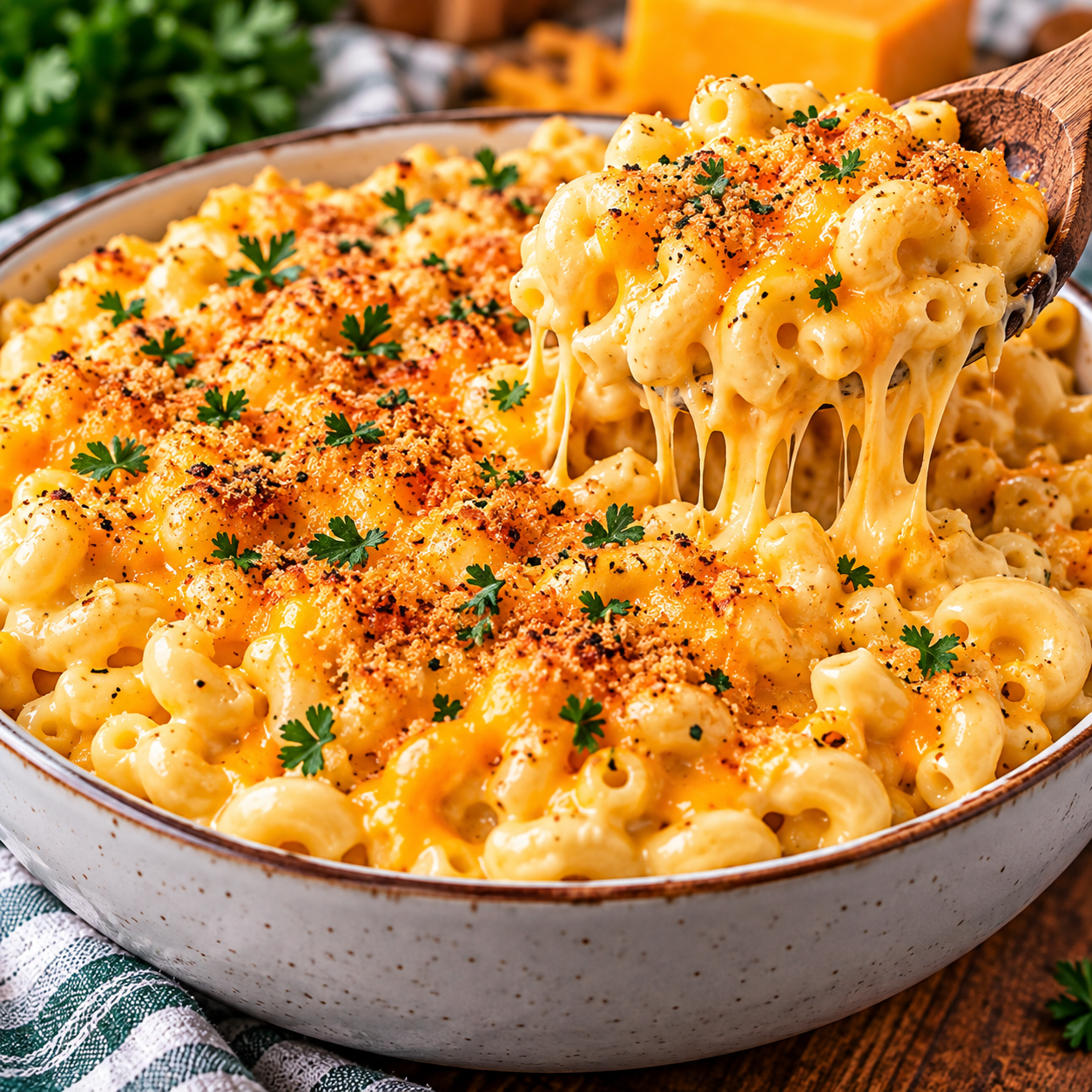 Creamy stovetop mac and cheese with melted cheddar, toasted breadcrumbs, parsley, and a spoon lifting cheesy macaroni.