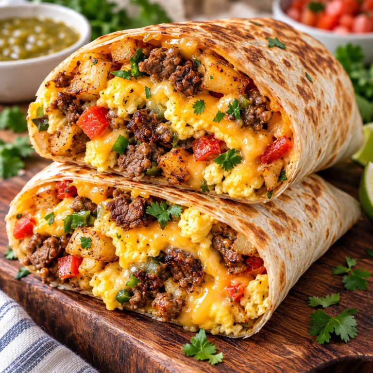 Close-up of a steak and egg breakfast burrito filled with tender steak, fluffy scrambled eggs, melted cheese, peppers, and crispy potatoes.