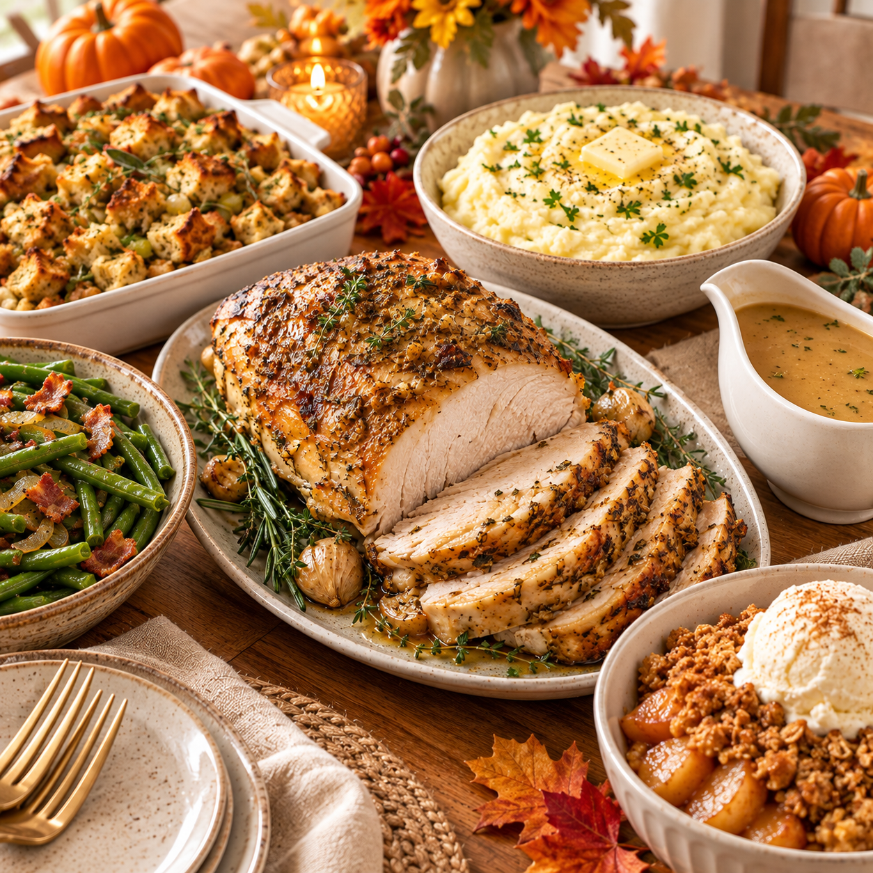 Easy Budget Thanksgiving Dinner for 4–6 People Complete Thanksgiving dinner with garlic herb turkey breast, mashed potatoes, stuffing, green beans, gravy, and apple crisp for a small holiday gathering.