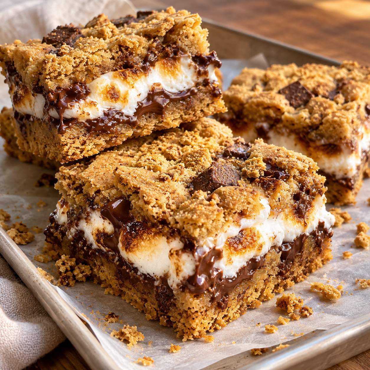 S’mores Cookie Bars with Chocolate and Marshmallow Cut s’mores cookie bars showing graham cookie layers, melted chocolate, and marshmallow on a parchment-lined tray.