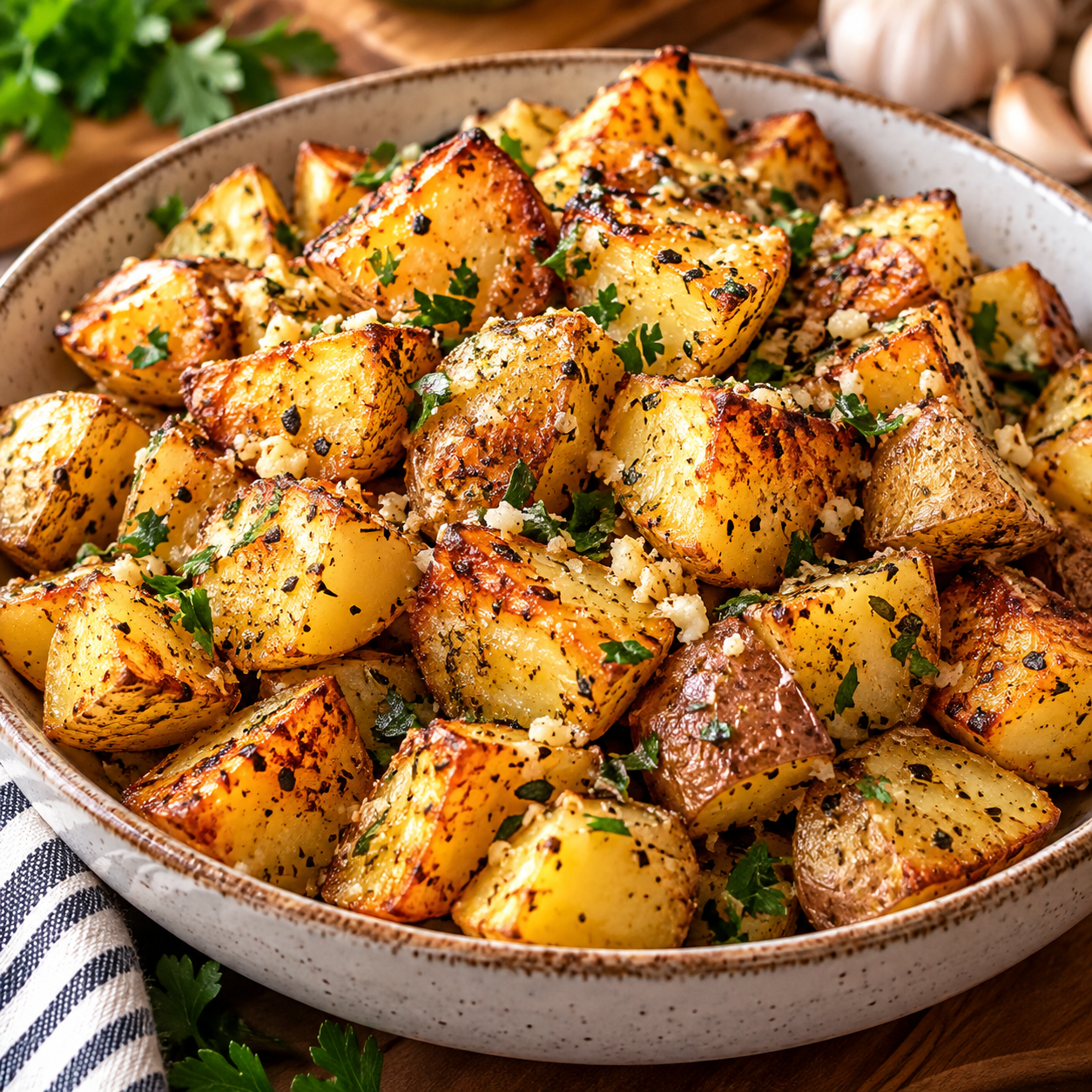 garlic parmesan roasted potatoes Garlic Parmesan roasted potatoes with crispy golden edges, herbs, garlic, and Parmesan in a rustic serving bowl.