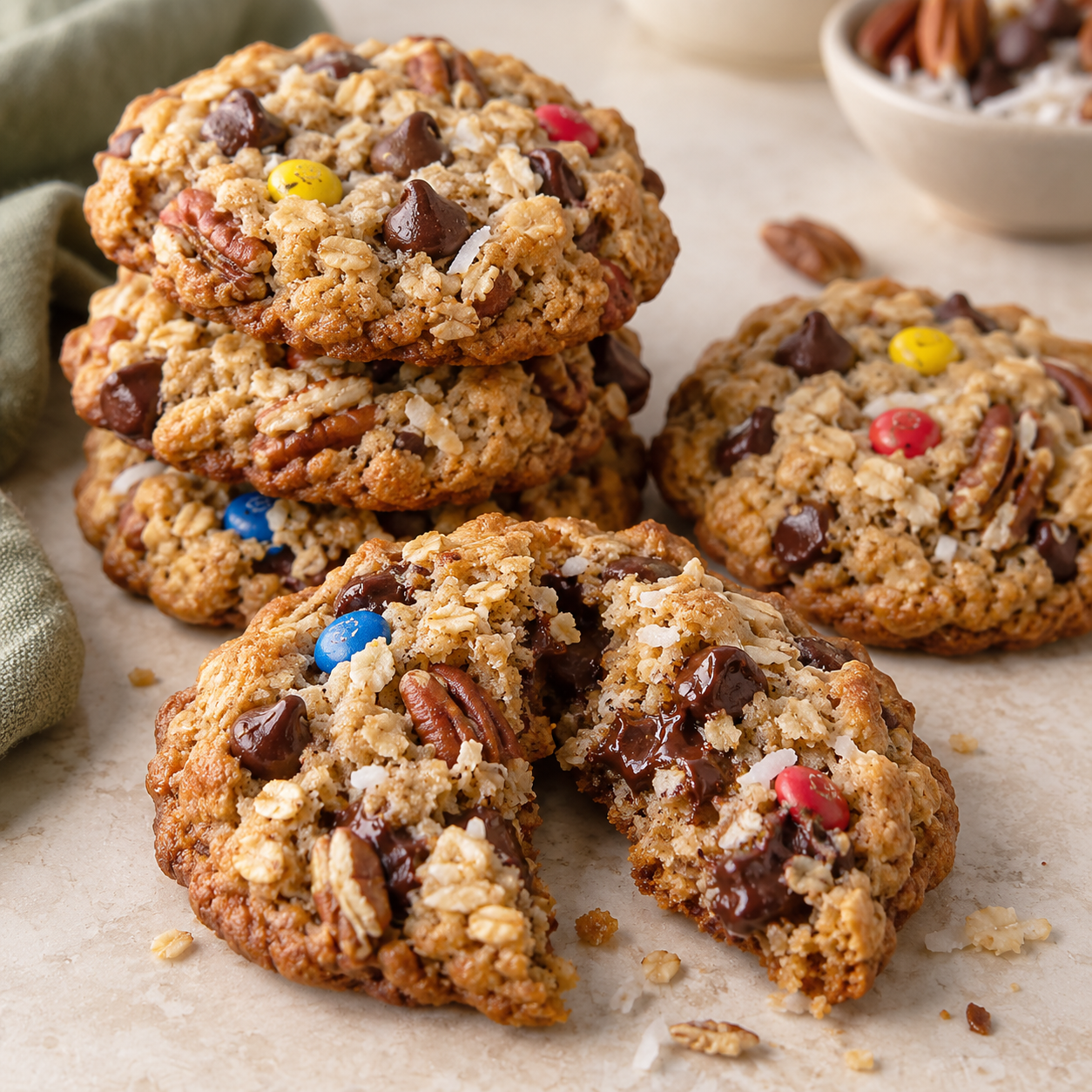 Cowboy Cookies Recipe (Thick, Chewy and Loaded) Stack of thick homemade cowboy cookies loaded with oats, chocolate chips, toasted pecans, shredded coconut and colorful candy-coated chocolates.