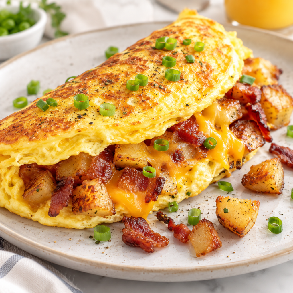 Cheesy bacon and potato omelet filled with crispy potatoes, bacon and melted cheddar cheese.