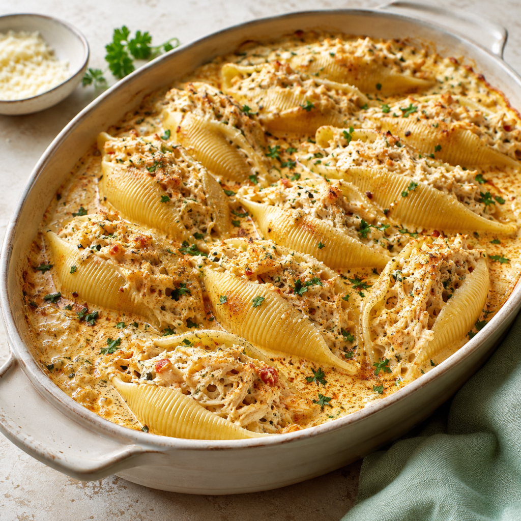 Creamy Cajun chicken stuffed shells filled with seasoned chicken and cheese in a silky Cajun cream sauce with Parmesan and parsley.
