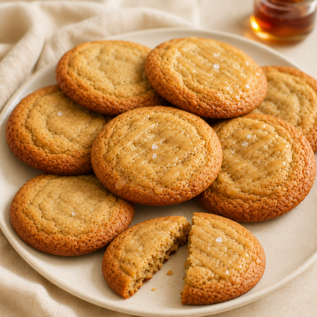 Brown butter maple cookies with golden edges, chewy centers, maple glaze and a light sprinkle of flaky sea salt.