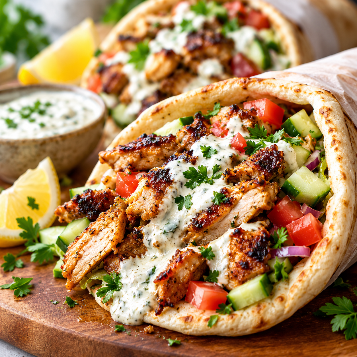 Chicken shawarma wraps filled with juicy seasoned chicken, fresh vegetables, and creamy garlic sauce.