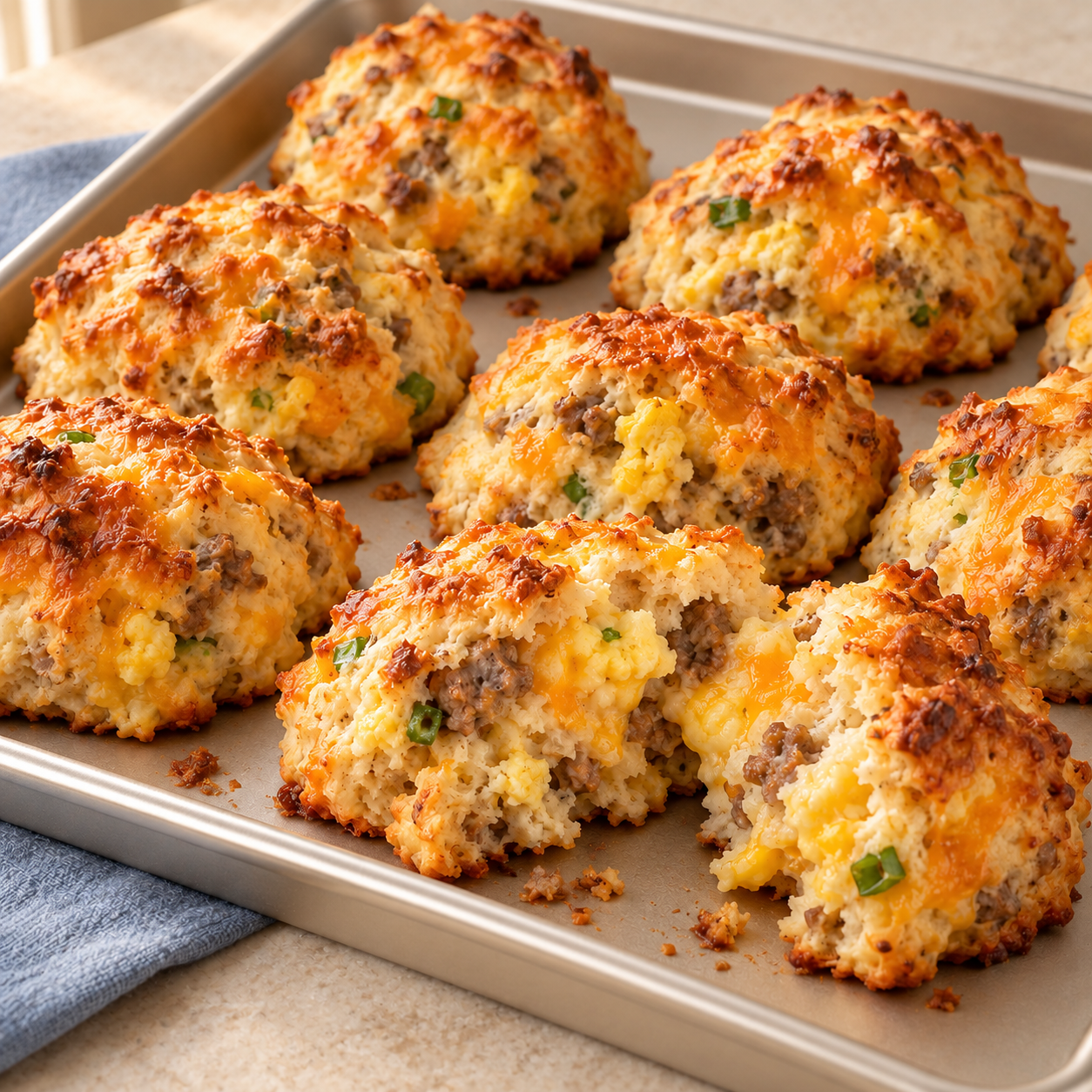 Golden sausage, egg, and cheddar breakfast biscuits with a biscuit broken open to show the savory filling.