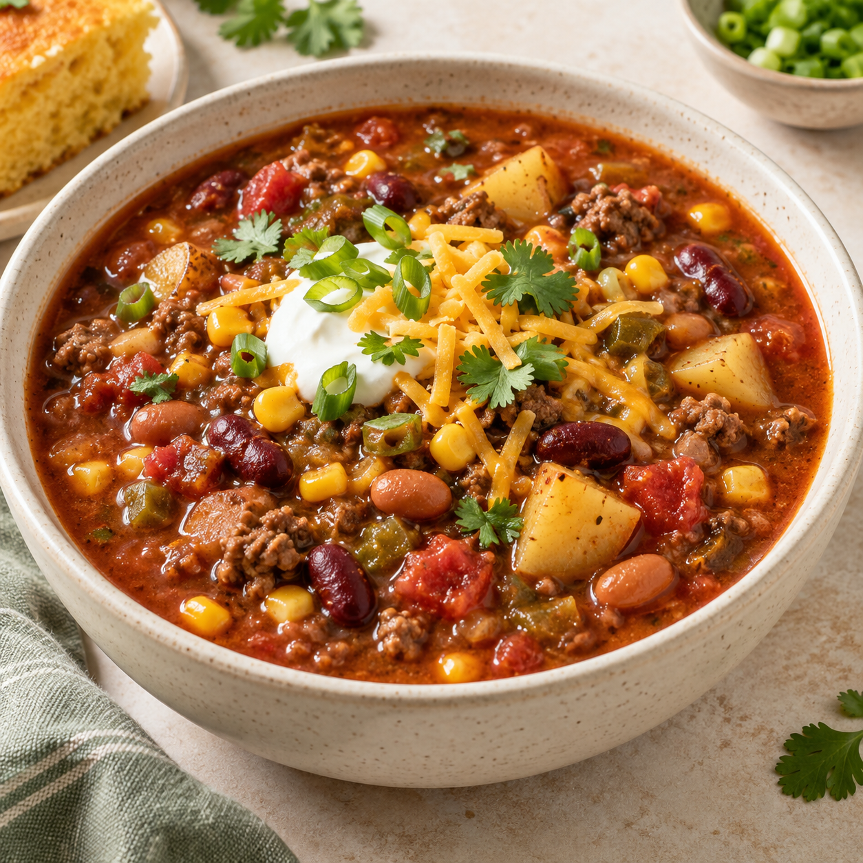 Hearty cowboy soup with ground beef, kidney beans, pinto beans, corn, tomatoes and potatoes topped with cheddar, sour cream and green onions.