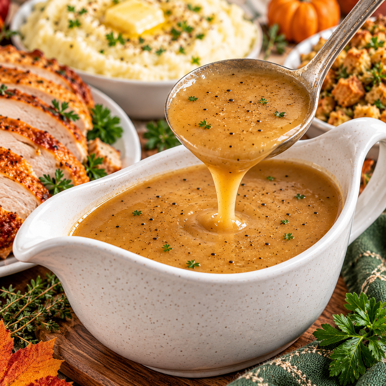 Easy Turkey Gravy Recipe Easy turkey gravy in a white ceramic gravy boat with a ladle, surrounded by turkey, mashed potatoes, and stuffing on a Thanksgiving table.