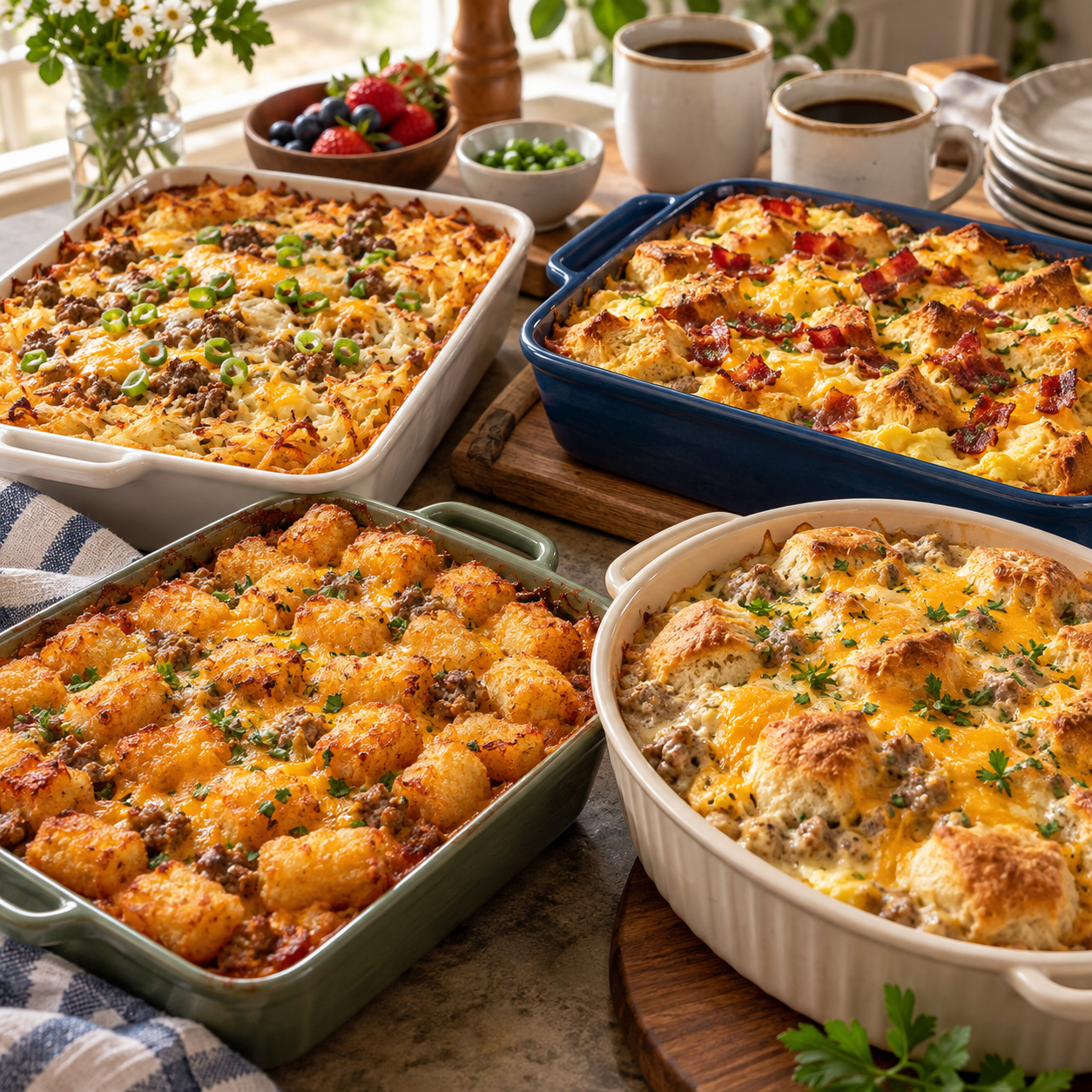 4 Easy Breakfast Casserole Four easy breakfast casseroles featuring sausage hash brown, bacon egg and cheese, tater tot, and biscuits and gravy casseroles.