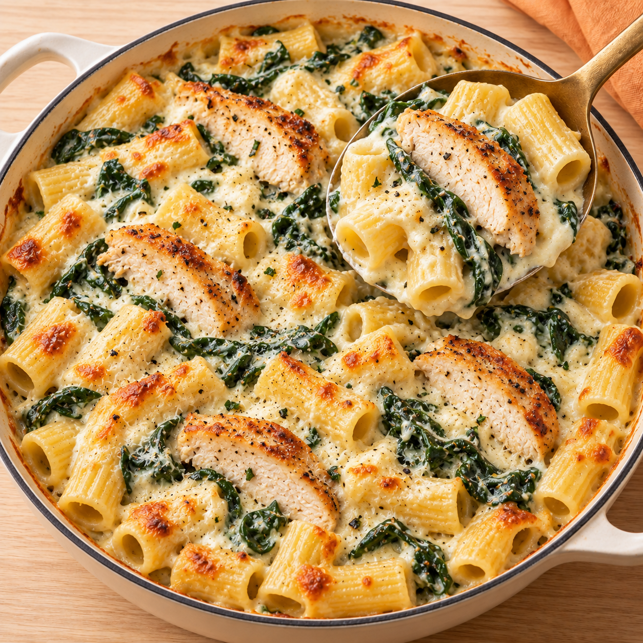 Creamy baked rigatoni with sliced chicken, spinach, ricotta and golden melted cheese in a round ivory braiser with a serving spoon.