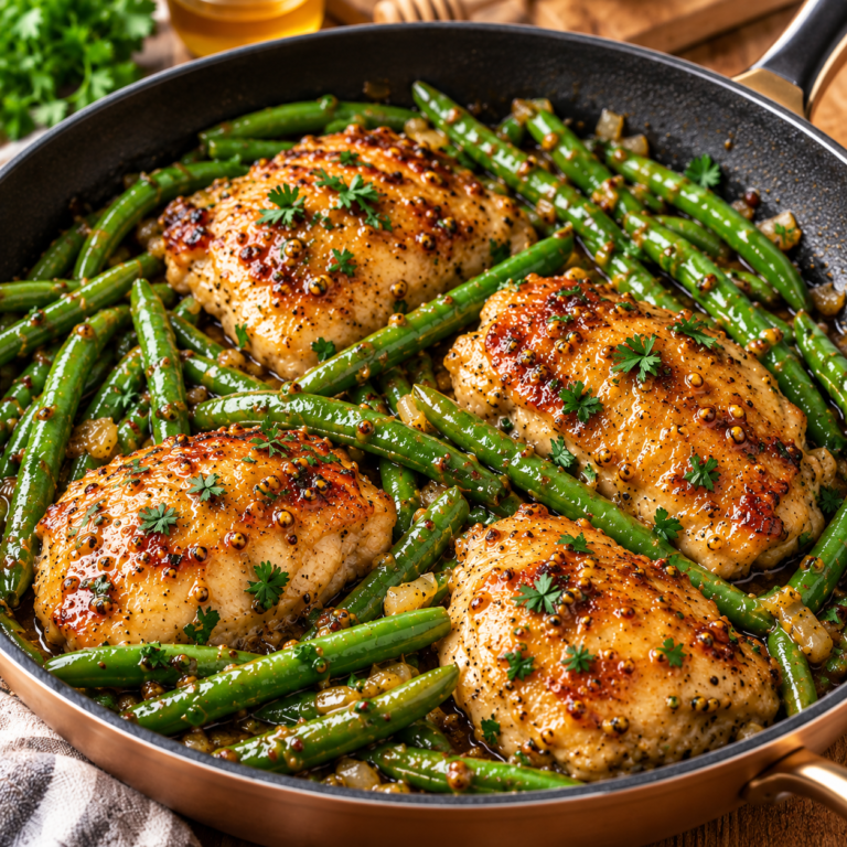 One-pan honey mustard chicken with green beans coated in a glossy sweet and savory sauce.