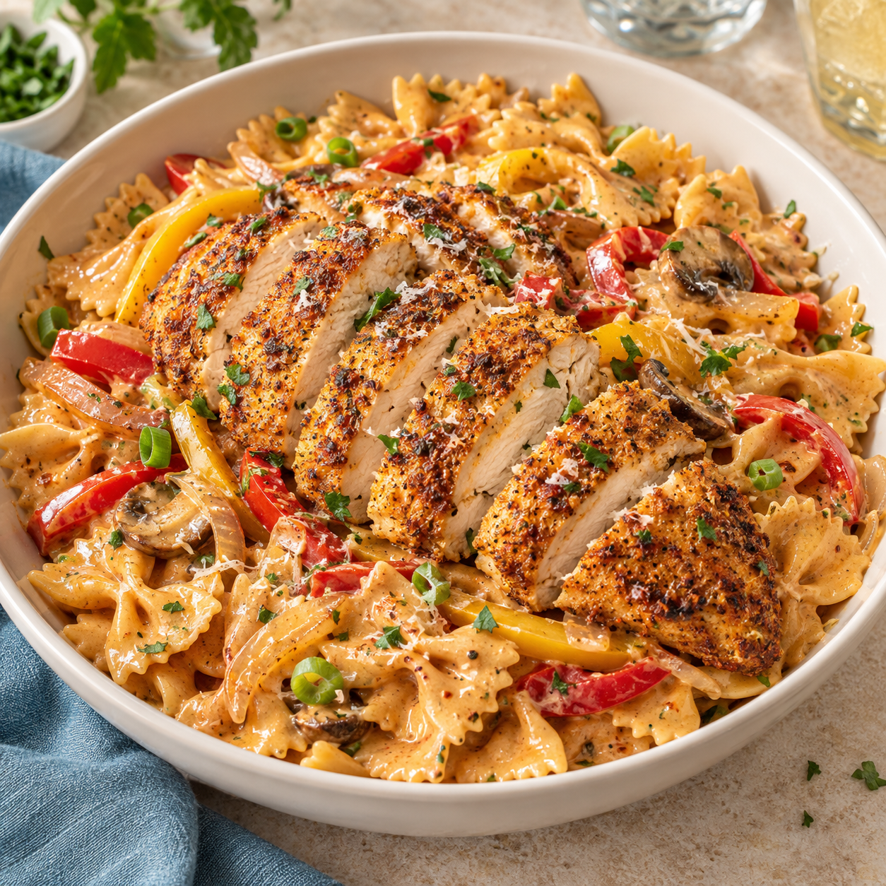 Copycat Cheesecake Factory Louisiana Chicken Pasta with crispy Parmesan-crusted chicken, creamy Cajun farfalle, bell peppers, onions and mushrooms.