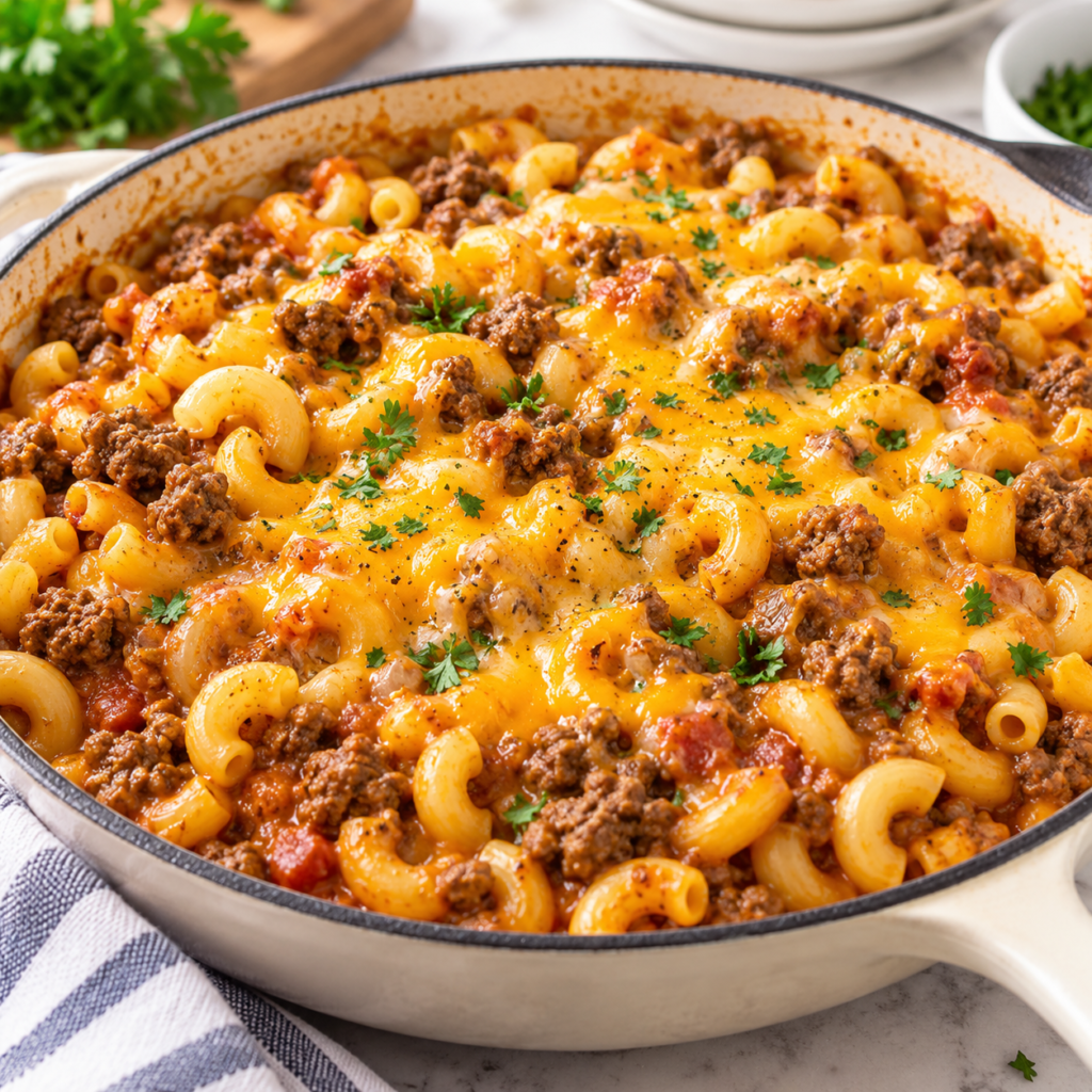 One-pan cheeseburger macaroni skillet with ground beef, elbow macaroni, and melted cheddar cheese.