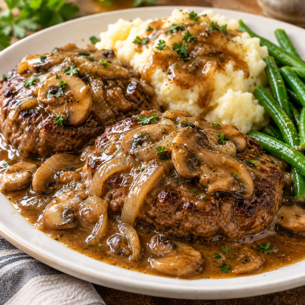 Easy Salisbury steak with mushroom gravy served with creamy mashed potatoes and green beans, topped with sautéed mushrooms, onions, and fresh parsley.