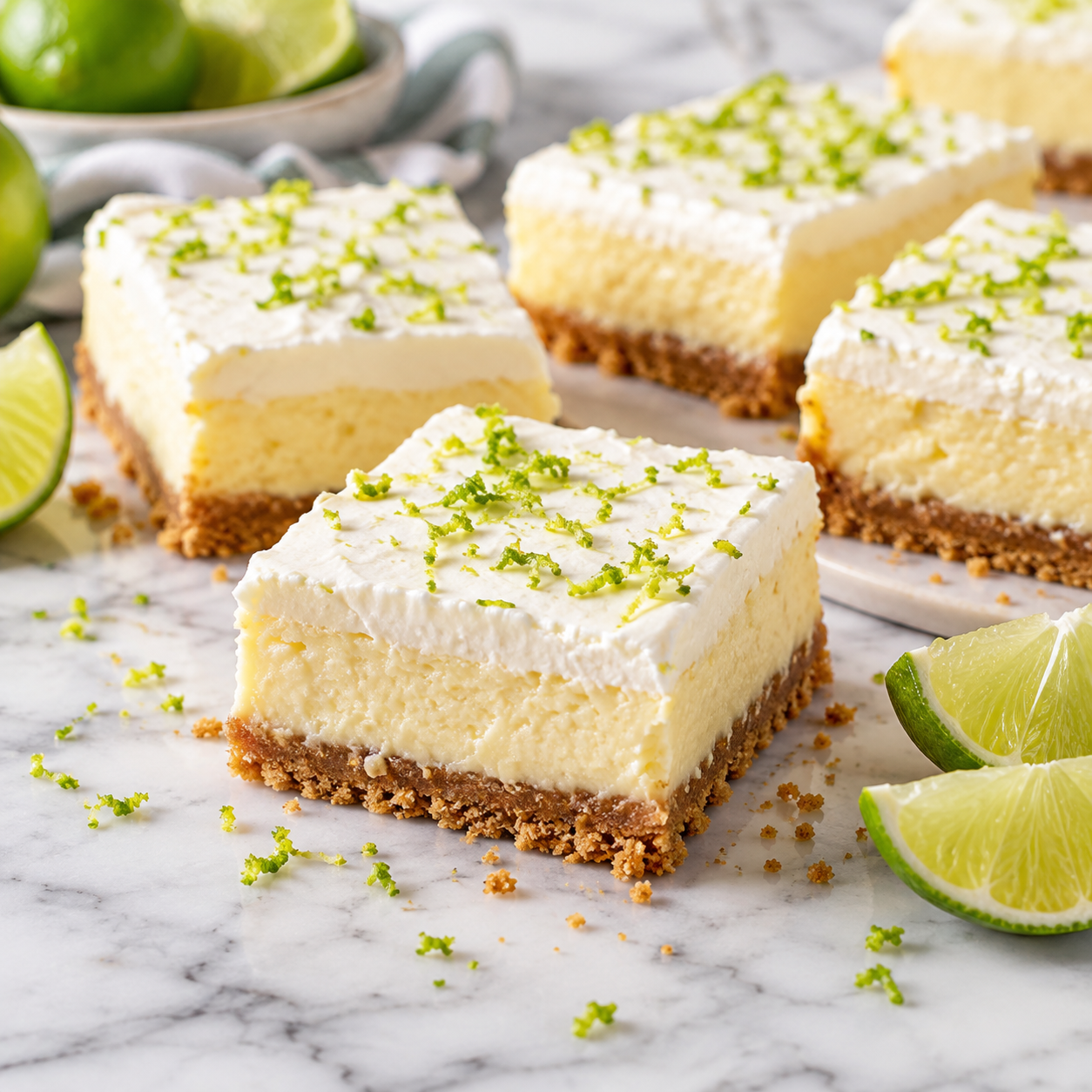 Creamy key lime cheesecake bars with a graham cracker crust, whipped topping, fresh lime zest, and lime wedges.