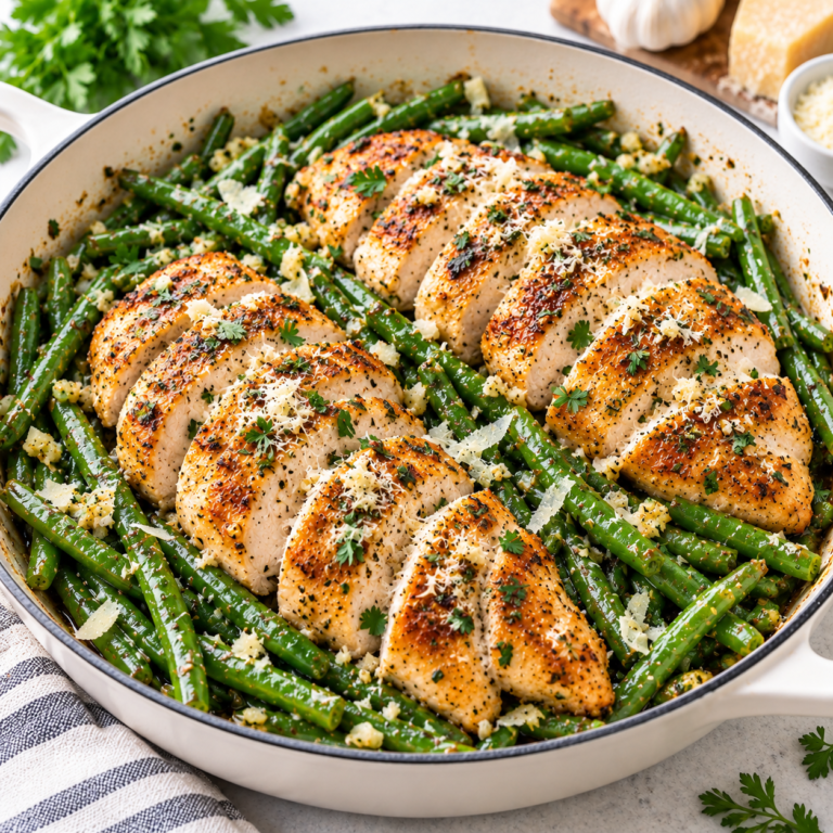 One-pan garlic Parmesan chicken and green beans with sliced chicken breast, garlic, herbs, and grated Parmesan.