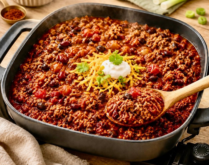 Electric skillet chili with ground beef, kidney beans, black beans and tomatoes, topped with cheddar cheese, sour cream and green onions.